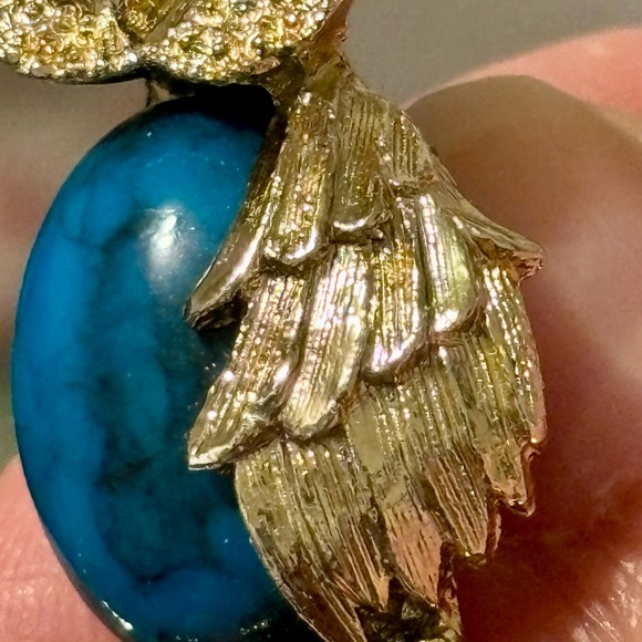 Vintage signed Gerry gold tone Owl Brooch &  Faux turquoise cabachon - Picture 14 of 14